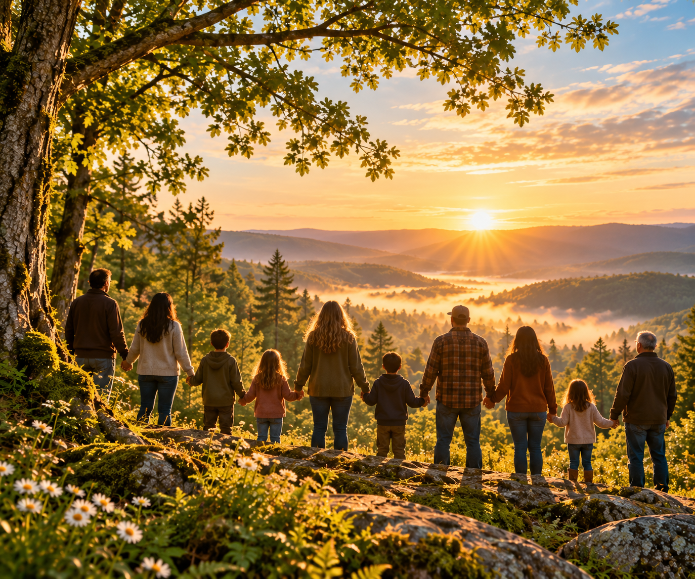 Families and generations gathered together overlooking a mountain valley at sunrise